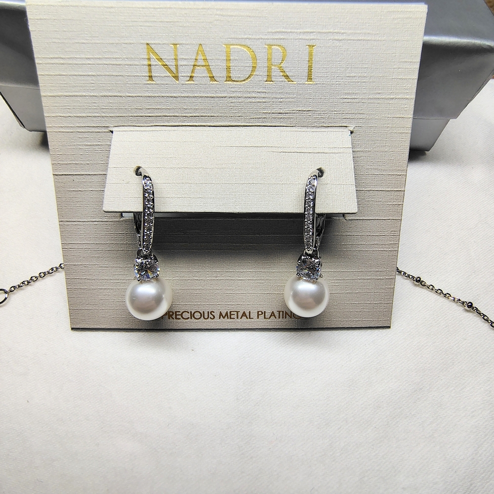 Nadri | Silver and White Pearl Drop Earrings And Necklace Set